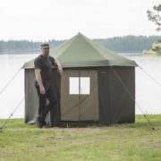 Man Stood By Mobile Sauna Tent